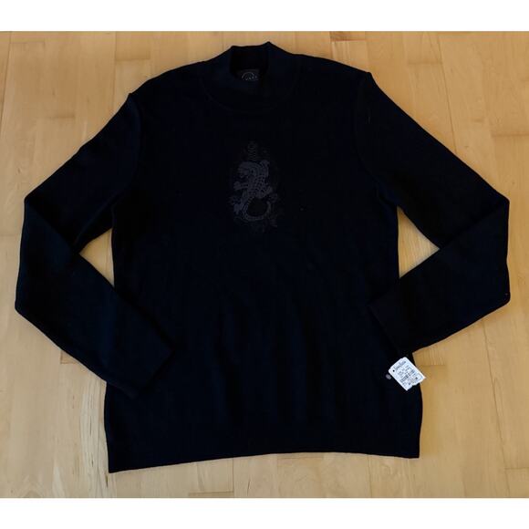 NWT Bogner Black Wool Tiger Embroidery Mockneck Sweater M - Picture 1 of 3